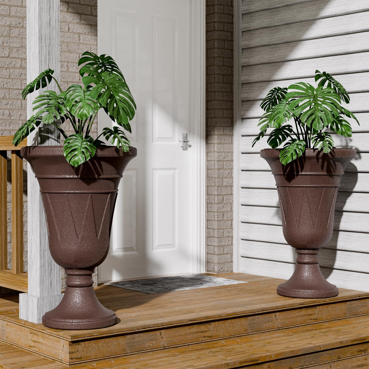 Trygoal 23.6" Tall Plastic Urn Planters for Outdoor Plants, Set of 2 Heavy-Duty Classic Indoor Large Flower Pots with Drainage Holes & Trophy Design, Outdoor Planters for Porch, Home Garden, Brown