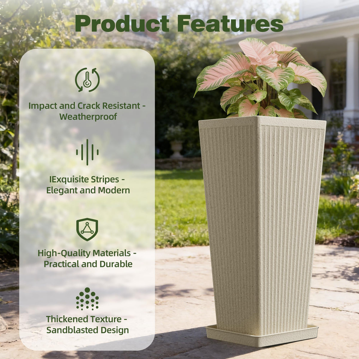 Trygoal Tall White Planters for Outdoor Plants - 23.6" Classic Tapered Large Outdoor Planters Set of 2 with Drainage Holes/Partition/Tray, Heavy-Duty Front Porch Planter for Porch Patio, Garden Vase