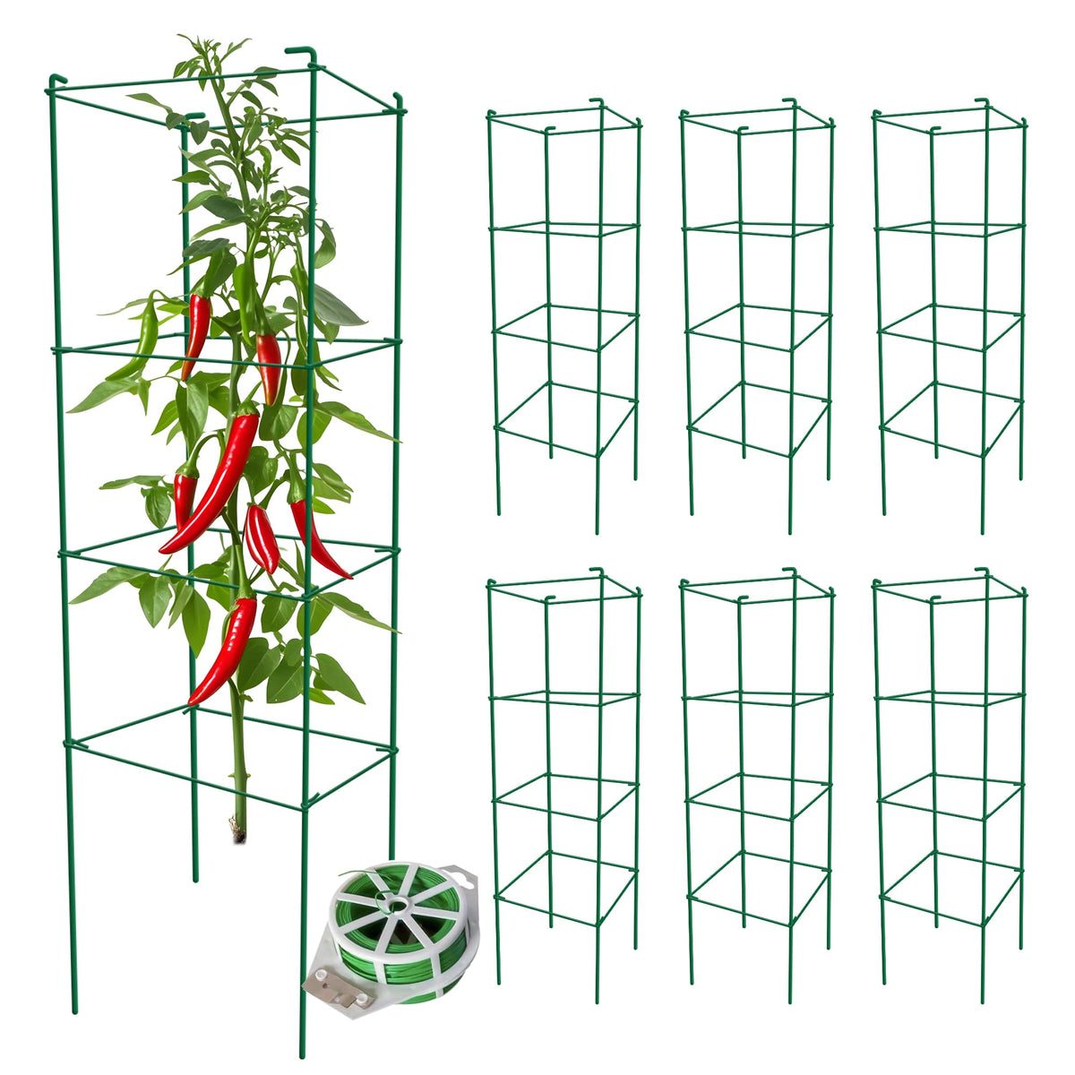 Thealyn Tomato Cages 6 Packs 46 Inches (H) Plant Stand with 164 Feet Twist Ties, Heavy Duty Garden Plants Support for Tomatoes, Cucumber, and Other Climbing Plants (Green)