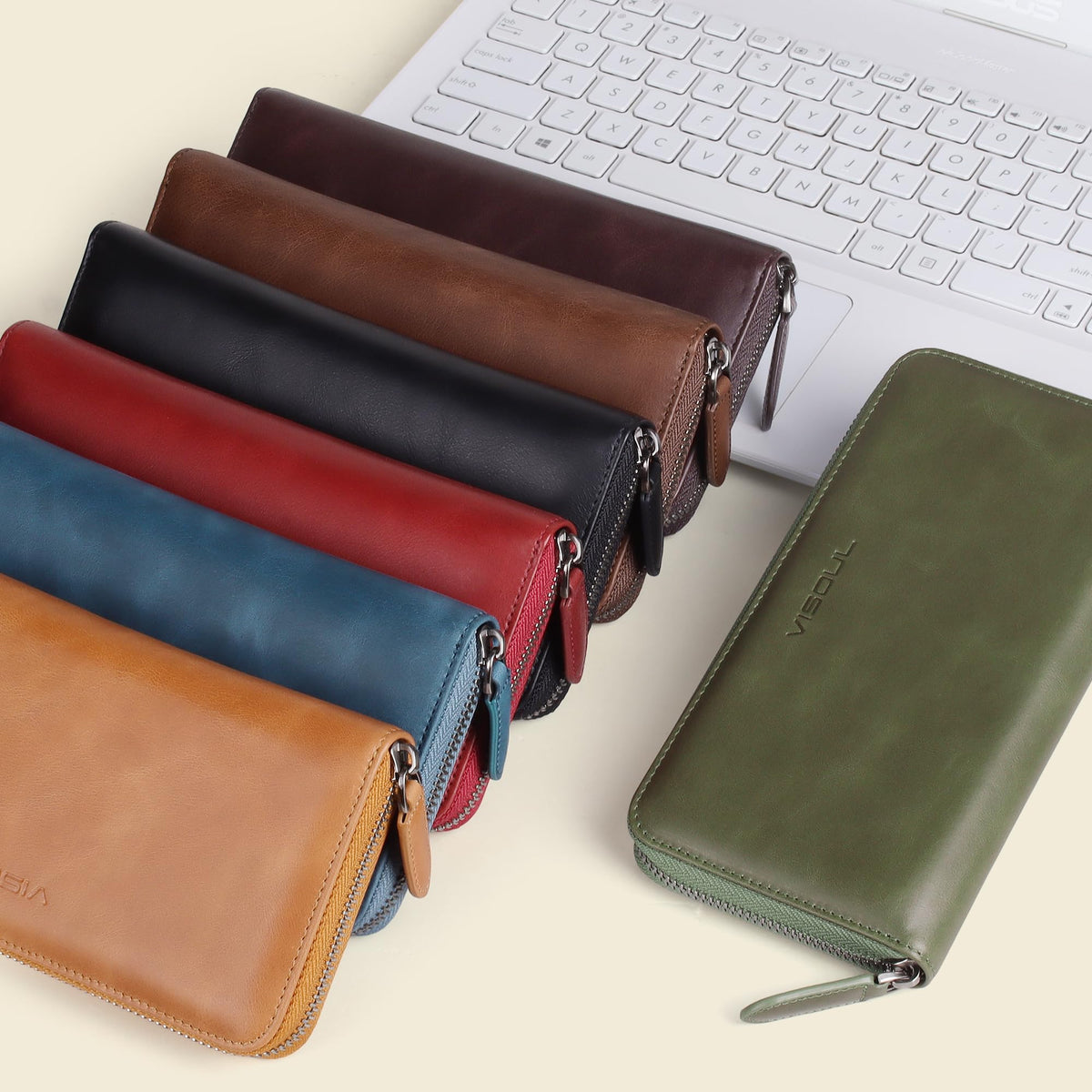 VISOUL Leather Long Zipper Pouch Wallet for Men and Women with RFID Blocking, Large Clutch Cash Long Wallet with Zipper (Coffee)