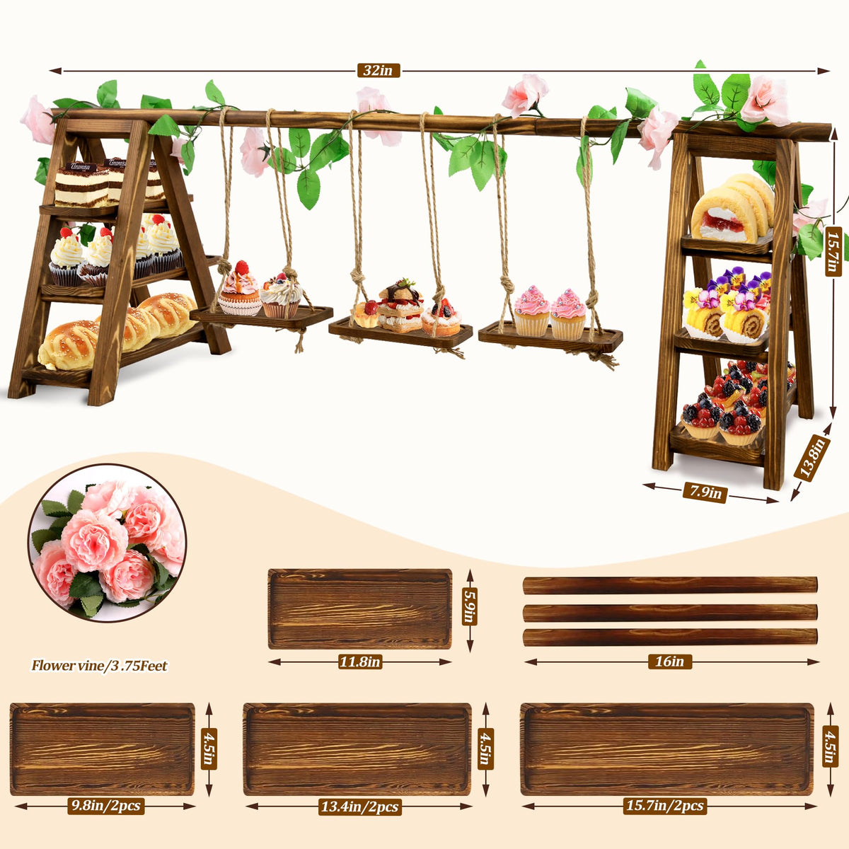 meiqidi Foldable 3-Tier Wooden Cake Stand with Removable Trays & Flower Decor - Display for Cupcakes, Desserts, Fruit, Snacks, Party & Catering Food Presentation