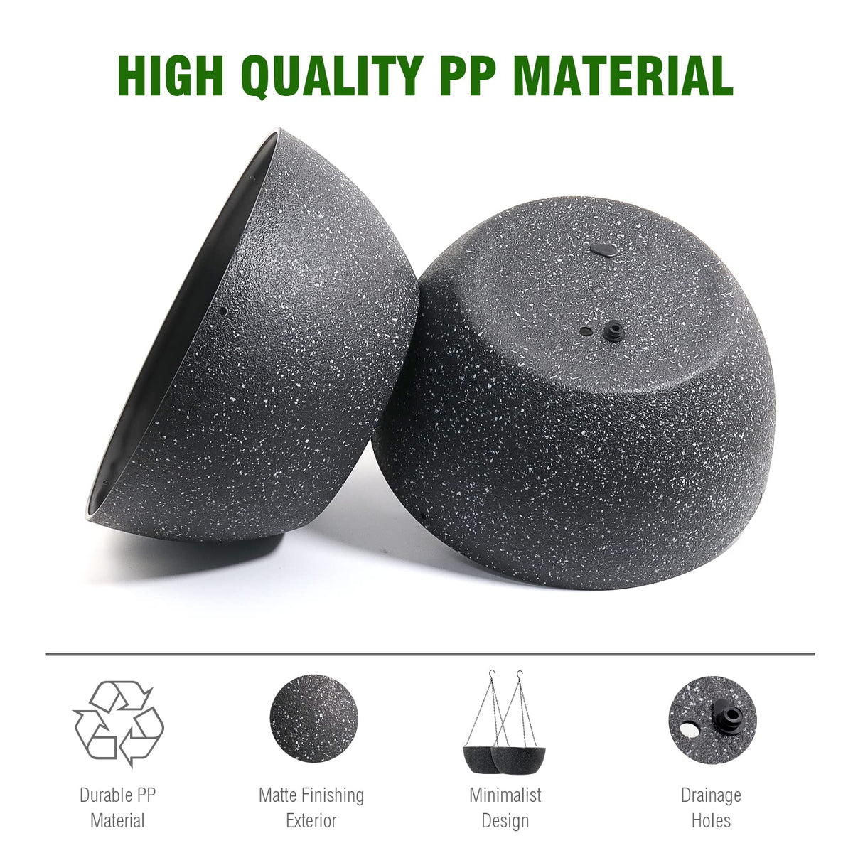 WOUSIWER 13 inch 2Pack Large Hanging Planters for Outdoor Indoor Plants with Drainage Holes and Chain, Round Hanging Flower Pots for Garden Home Porch Decor, Black Speckles