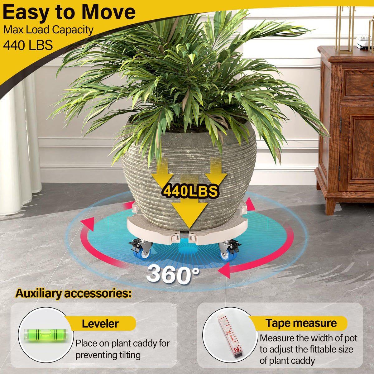 Goovilla Plant Stand with Wheels Heavy Duty, 1Pack Adjustable 15-22 Plant Caddy with Lockable Caster Wheels 440LBS, Rolling Plant Stand/Dolly/Roller for Indoor Outdoor Large Planter, Flower Pot,Beige