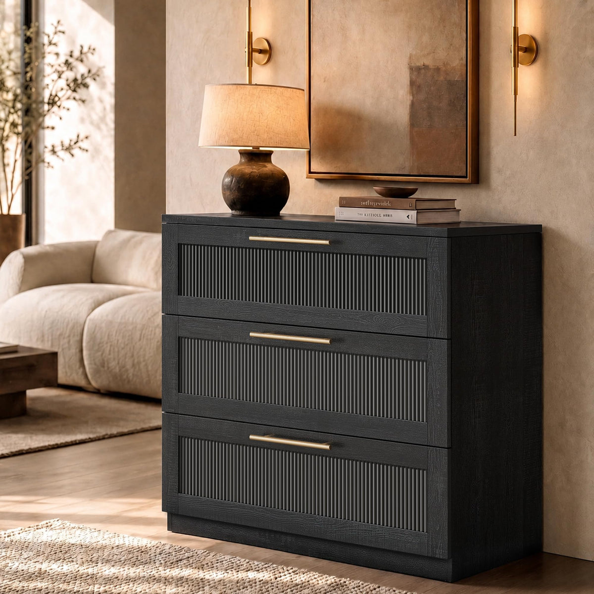 ModernMate 3 Drawer Dresser for Bedroom, Black Wood Grain Wide Nightstand and Chest of Drawers with Wave-Panel Front, 31" Tall Modular Storage Cabinet for Living Room