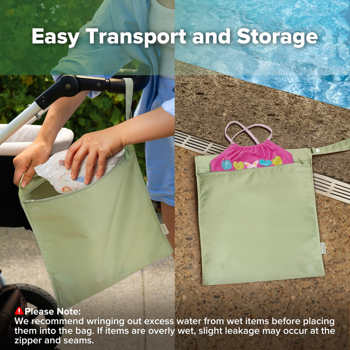 haakaa Waterproof Wet Bags for Baby Wet Dry Bags for Cloth Diaper, Swimsuit & Travel, 2pcs, Grass