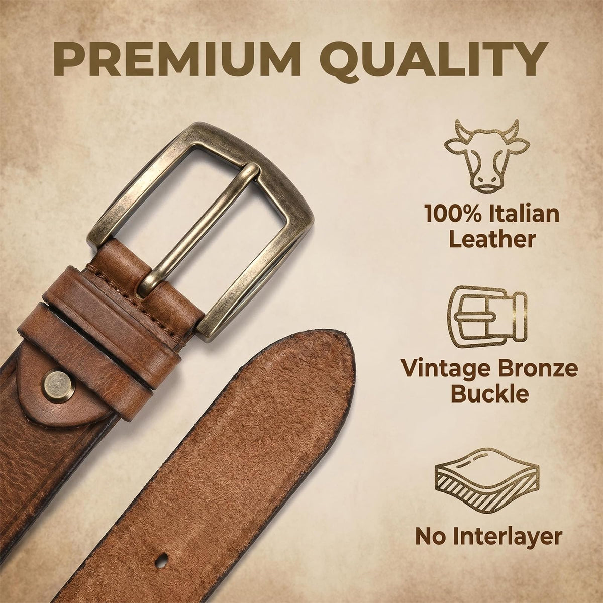 Rollslatte Full Grain Italian Genuine Leather Belt for Men, Retro Brass Buckle Cowboy Western Belt Casual Dress Jeans, Gift for Husband, Father, Boyfriend Size 38