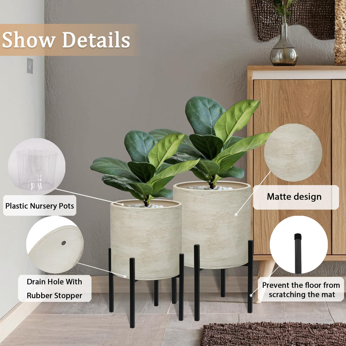 ARNIS Modern Plant Pots, Set of 2 Large Planters with Stand, Decorative Planters, Metal Pots with Drainage Holes for Living Room, Office, Garden or Balcony, 8.25 &10.5 Inch, Dirt