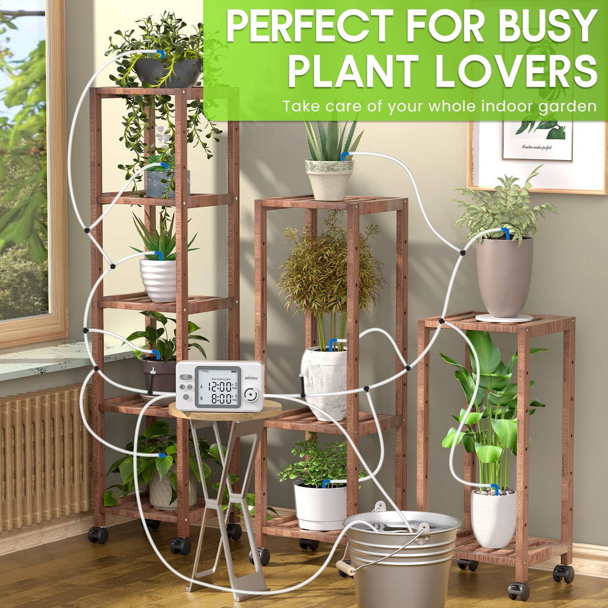 Automatic Watering System Dual Pump for Indoor Plants, Built-in Rechargeable Battery, Two Independent Water Zones, Worry-Free Vacation Drip Irrigation Kit, Water-Saving Smart Plant Waterer, White