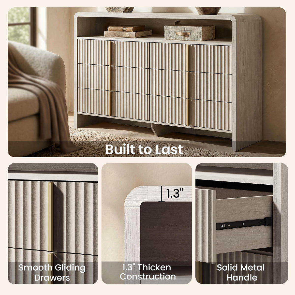 ModernMate 6 Drawer Dresser with Open Shelf, 53.2" Wide Fluted Dresser for Bedroom, Wood Chest of Drawers, Modern Storage Cabinet with Metal Handles, Anti-Tip Clothes Organizer, White Alder
