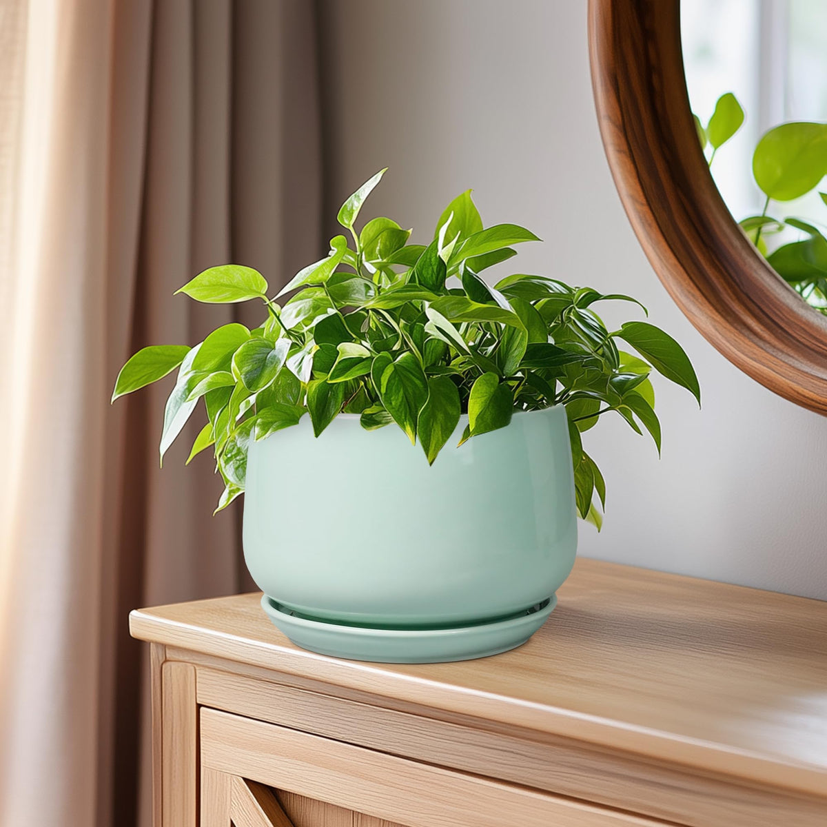 G EPGardening Ceramic Plant Pots - 6 Inch Pot for Plants, Ceramic Planter with Drainage and Saucer, Flower Indoor Outdoor Planter, Modern Bathroom Decor, Birthday Gifts, Green