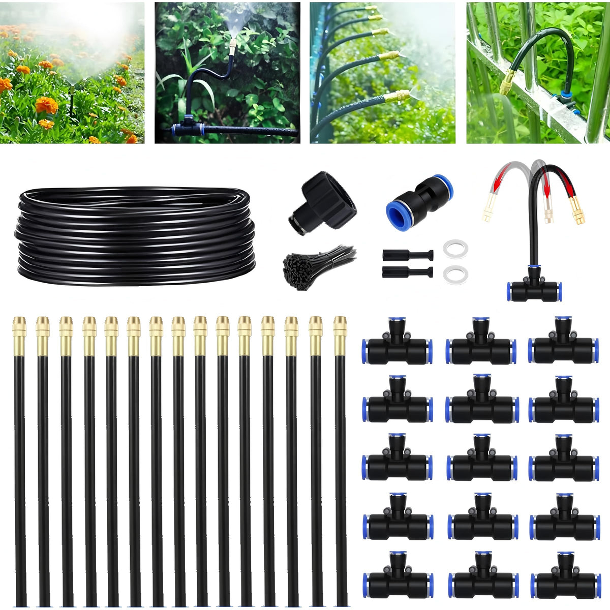 49.21Ft Greenhouse Drip Irrigation Kit Automatic Irrigation System 360°Adjustable 15 Brass Spray Nozzles 8mm Irrigation Tubing Hose Patio Misting Plant Watering with Blank Distribution Tubing Hose