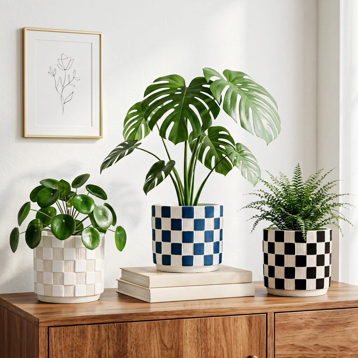 Nature Crafted 5.5 inch Ceramic Plant Pots with Drainage Hole Silicone Plug, Checker Ceramic Planters Flower Planter for Indoor Outdoor Home Garden Patio Office Gardening Desktop Windowsill, Blue