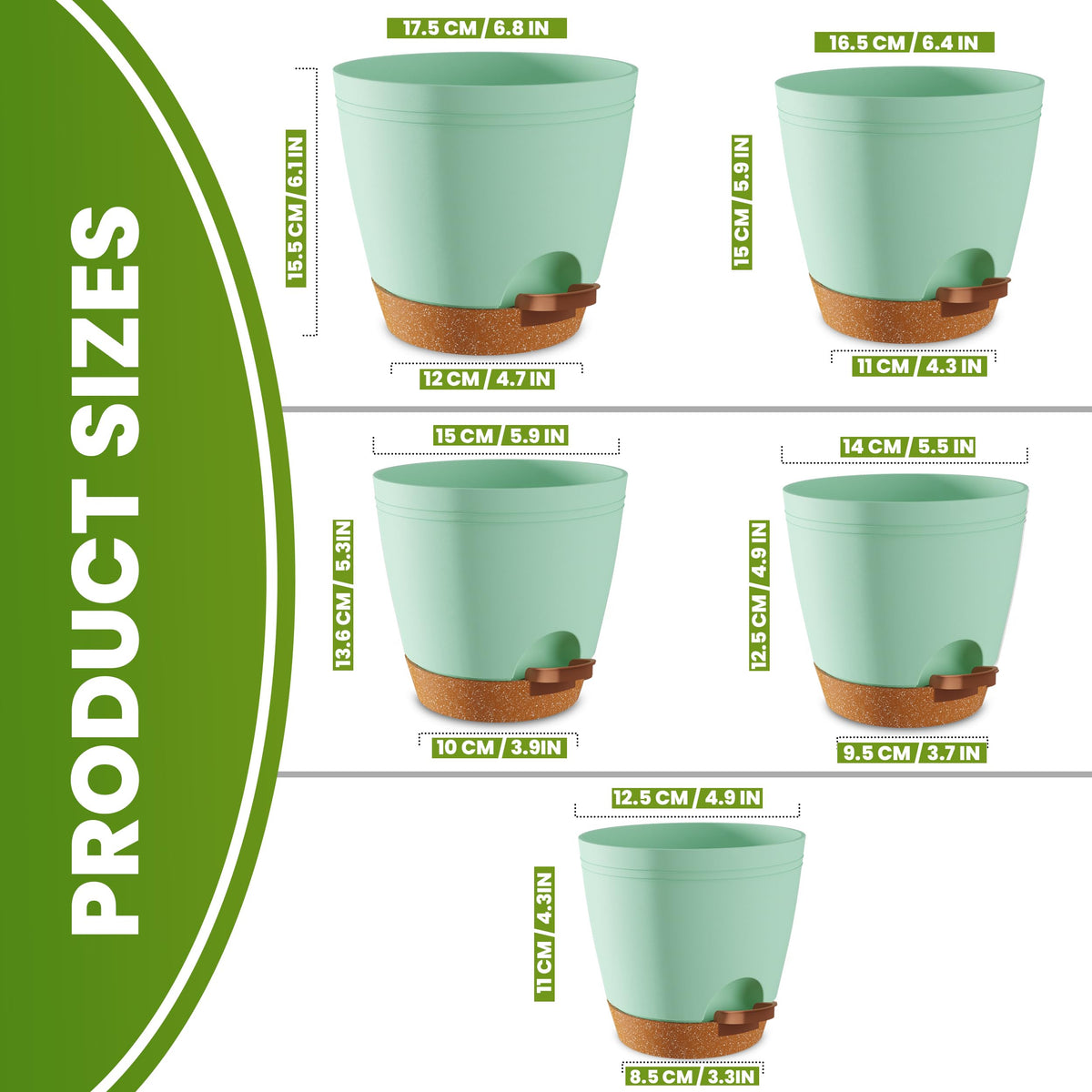 Utopia Home Self Watering Pots for Indoor Plants, Planters for Indoor Plants, Multi-Size Flowerpot, Set of 5 Plant Pots with Drainage & Reservoir, 6.8"/6.4"/5.9"/5.5"/4.9" (Olive Green)