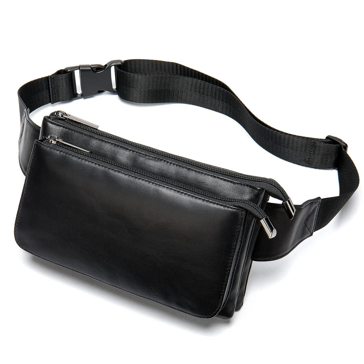 Niucunzh Small Leather Mens Fanny Packs for Women Lightweight Lambskin Leather Waist Bag Sport Men Crossbody Belt Purse Hip bags Hands-Free Bumbag Black