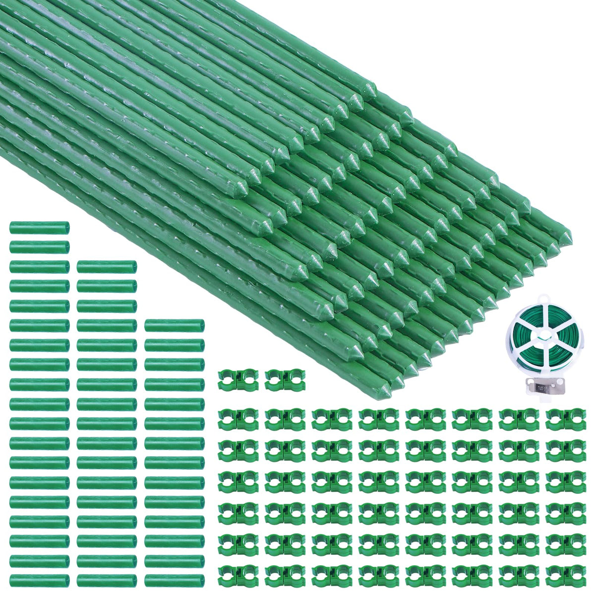 100 Pcs Tomato Stakes 16 Inch Garden Stakes for Outdoor Plants Support Plastic Coated Metal Plant Stakes Supports for Climbing Potted Plants with 50 Connectors 50 Rotatable Clips 165 Ft Twist Tie