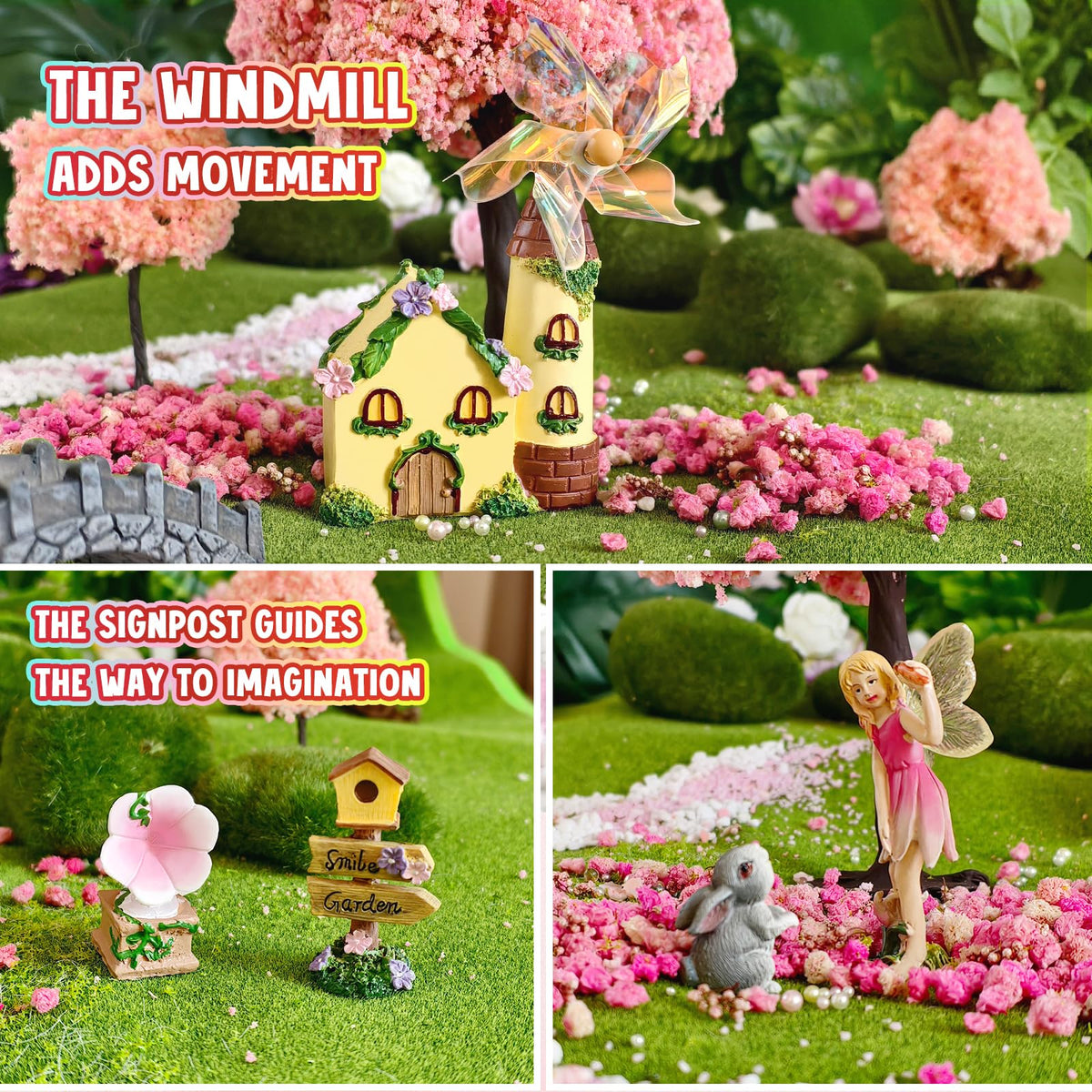 DONABELA Fairy Garden Kit Pink Mini Windmill House Decor Set Rabbit Flower Pot Supplies Signpost CD Player Resin Figurines Accessories Gift Indoor Outdoor Yard