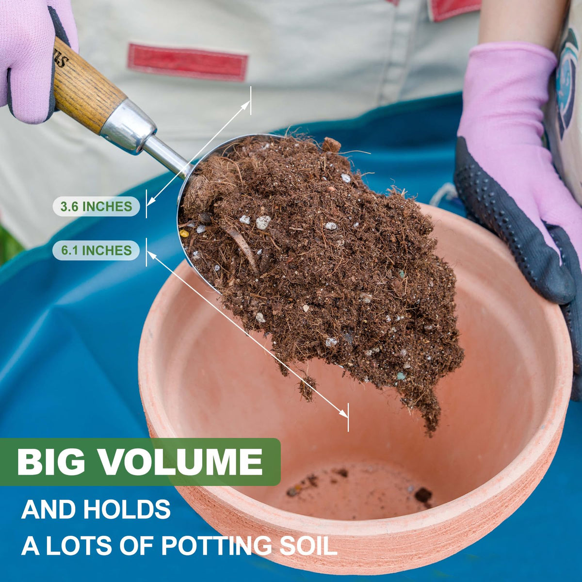 Haliaeetus Potting Soil Scoop, Bend-Proof Stainless Steel Garden Scoop, 1 Cup Big Volume Garden Hand Shovel, Comfortable Wood Handle Dirt Trowel for Transplanting, Cultivation, Composting and Planting