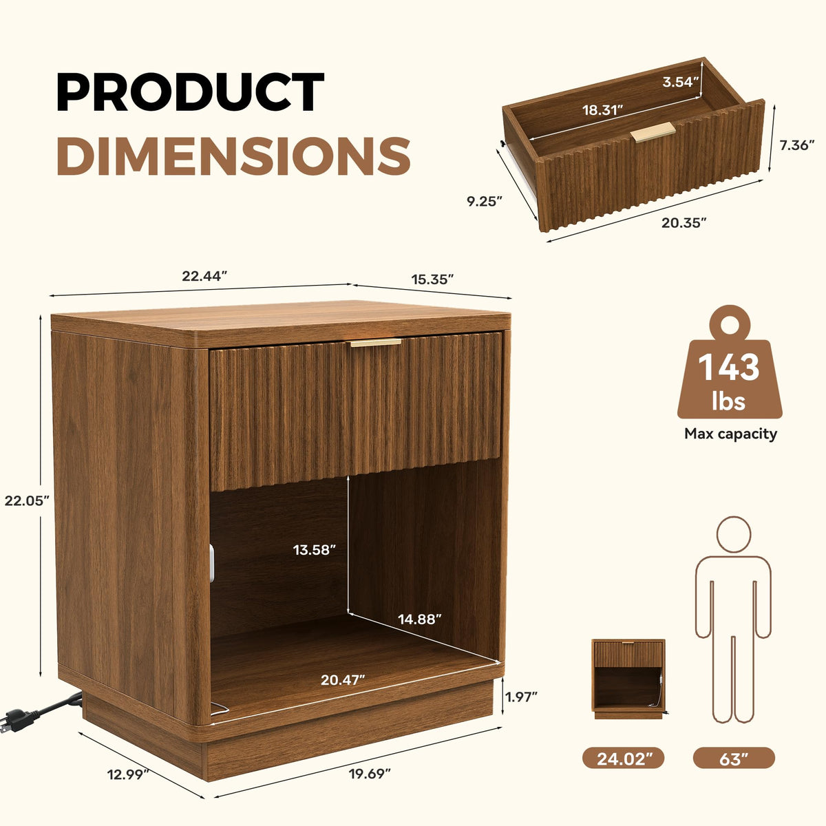 Miereirl Fluted Nightstand with Charging Station, Vintage Modern Night Stands Storage Cabinet Wooden Bedside Table with Metal Handle Drawers, Walnut Oak