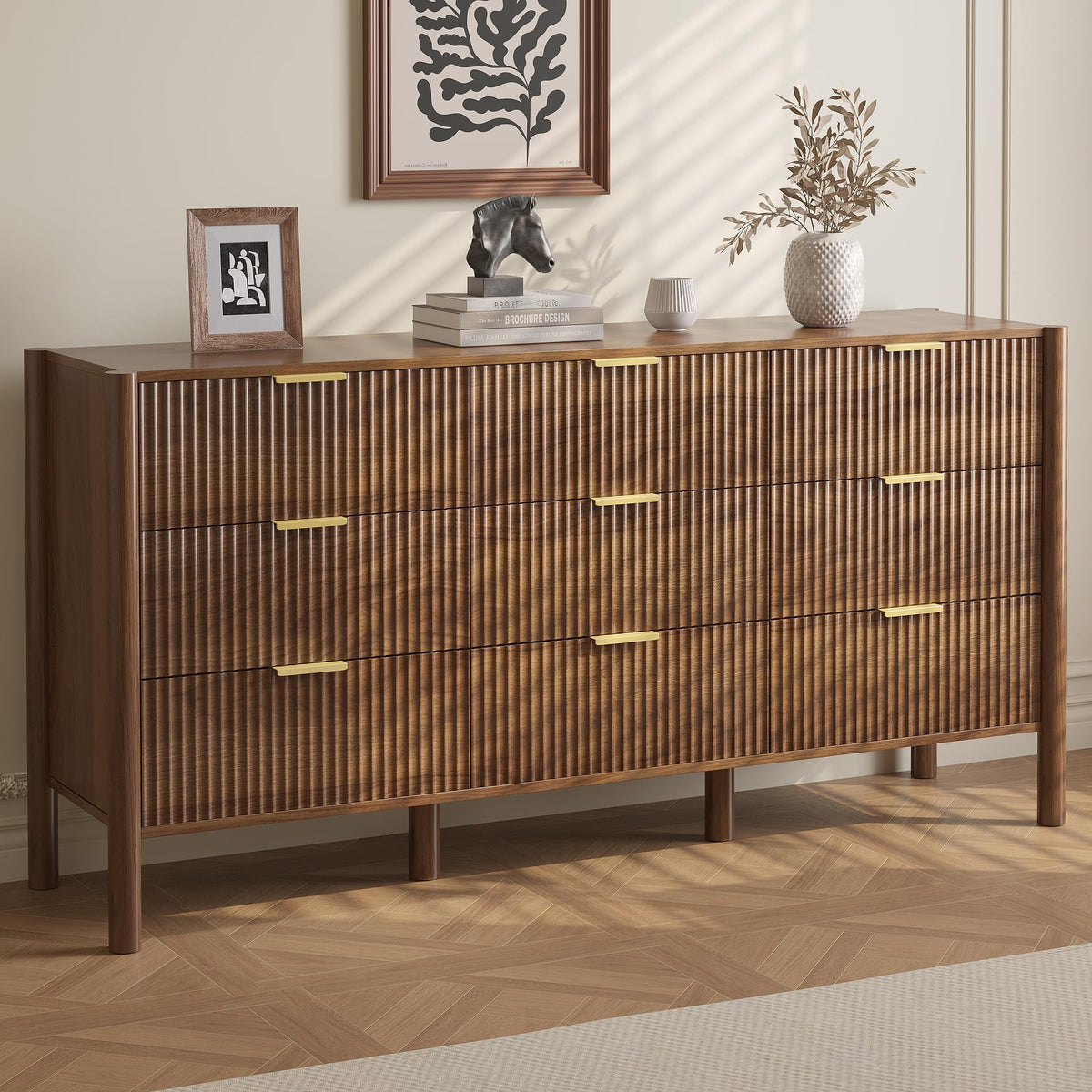 CHUWELL Fluted Walnut Dresser for Bedroom, 63" Wide Mid Century Modern Chest of Drawers with 4 Solid Wood Cylindrical Legs & Gold Metal Handles, 9 Drawer Large Dresser for Bedroom