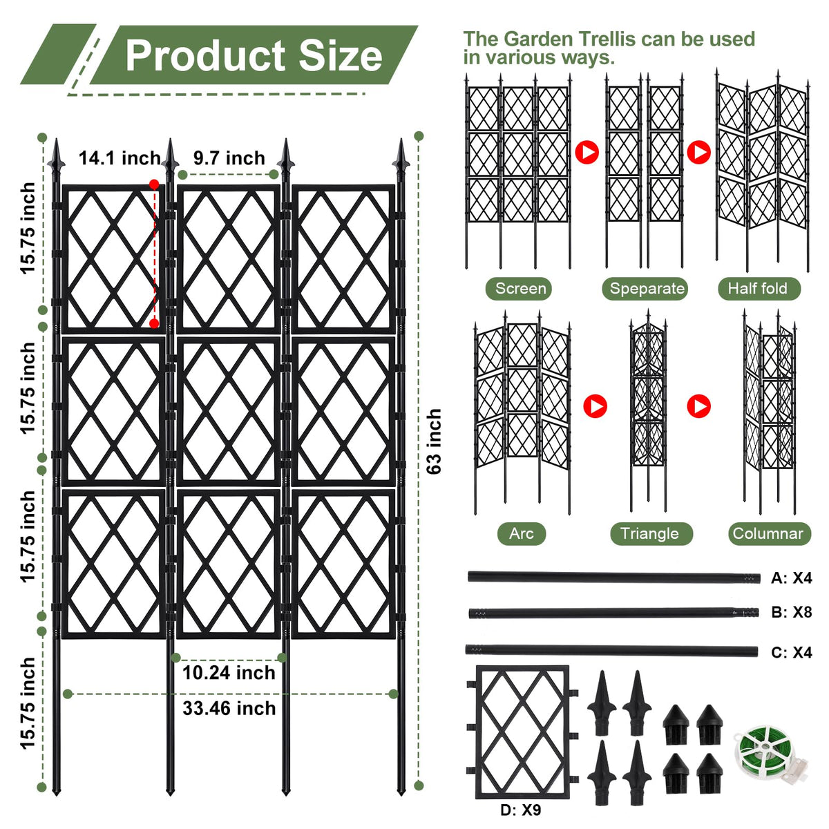 5.25FT Garden Trellis for Climbing Plants Outdoor, Black Iron Pipe Support Fence,Metal Wall Lattice Climbing Frame for Potted Plants Indoor for Ivy Vines Vegetable Flower, Patio, Lawn, Yard, Backyard