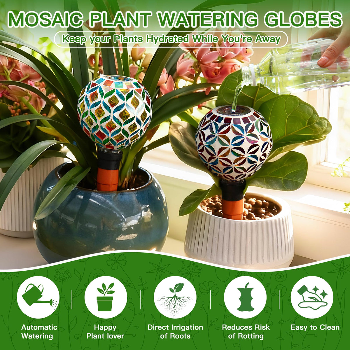 VOREEN Mosaic Plant Watering Globes with Terracotta Spikes, Decorative Glass Watering Globes for Potted Plants, Garden Accent & Thoughtful Gift, Set of 2