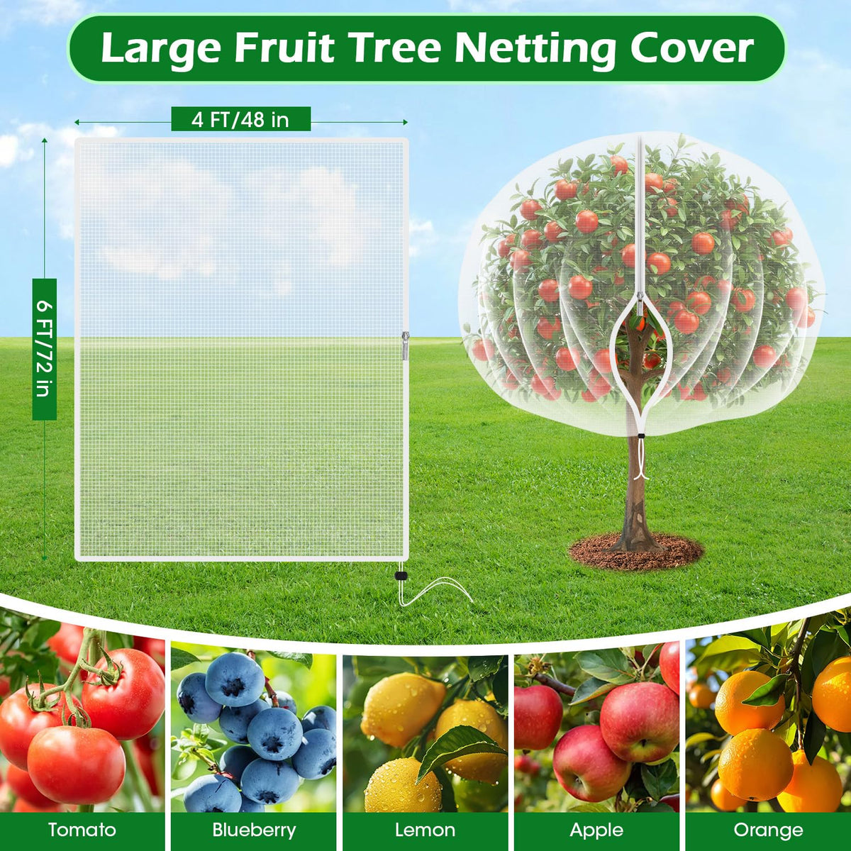 4'x6' Fruit Tree Netting Cover with Zipper and Drawstring, Ultra-Fine Mesh Garden Plant Insect Pest Net Barrier Protection Covers to Prevent Squirrel Bird Deer Cicadas Bag for Blueberry Tomato-1Pcs