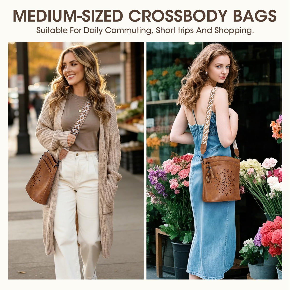 RAINSMORE Women's Medium Leather Crossbody Bag - Lightweight Purse for Weekend Shopping, Everyday Outings, Travel, Designer Trendy Shoulder Handbags with Adjustable Guitar Strap, Multiple Pockets