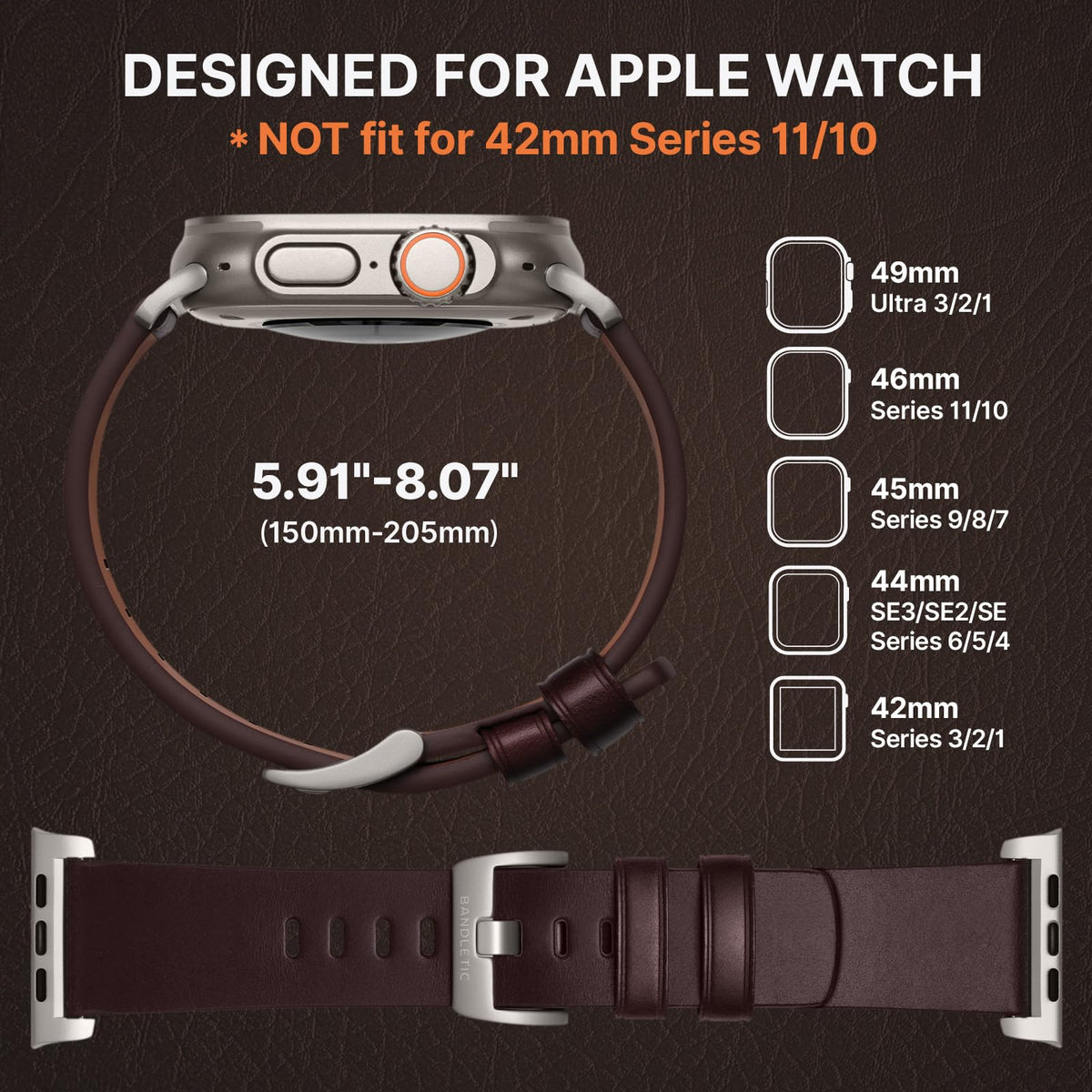 Bandletic Genuine Leather Bands Compatible with Apple Watch Ultra 3 Band for Men Women, Soft Replacement Strap for iWatch 49mm(Ultra 3/2/1),46mm(11/10),45mm(9/8/7),44mm(SE3/SE2/SE/6/5/4),42mm(3/2/1)
