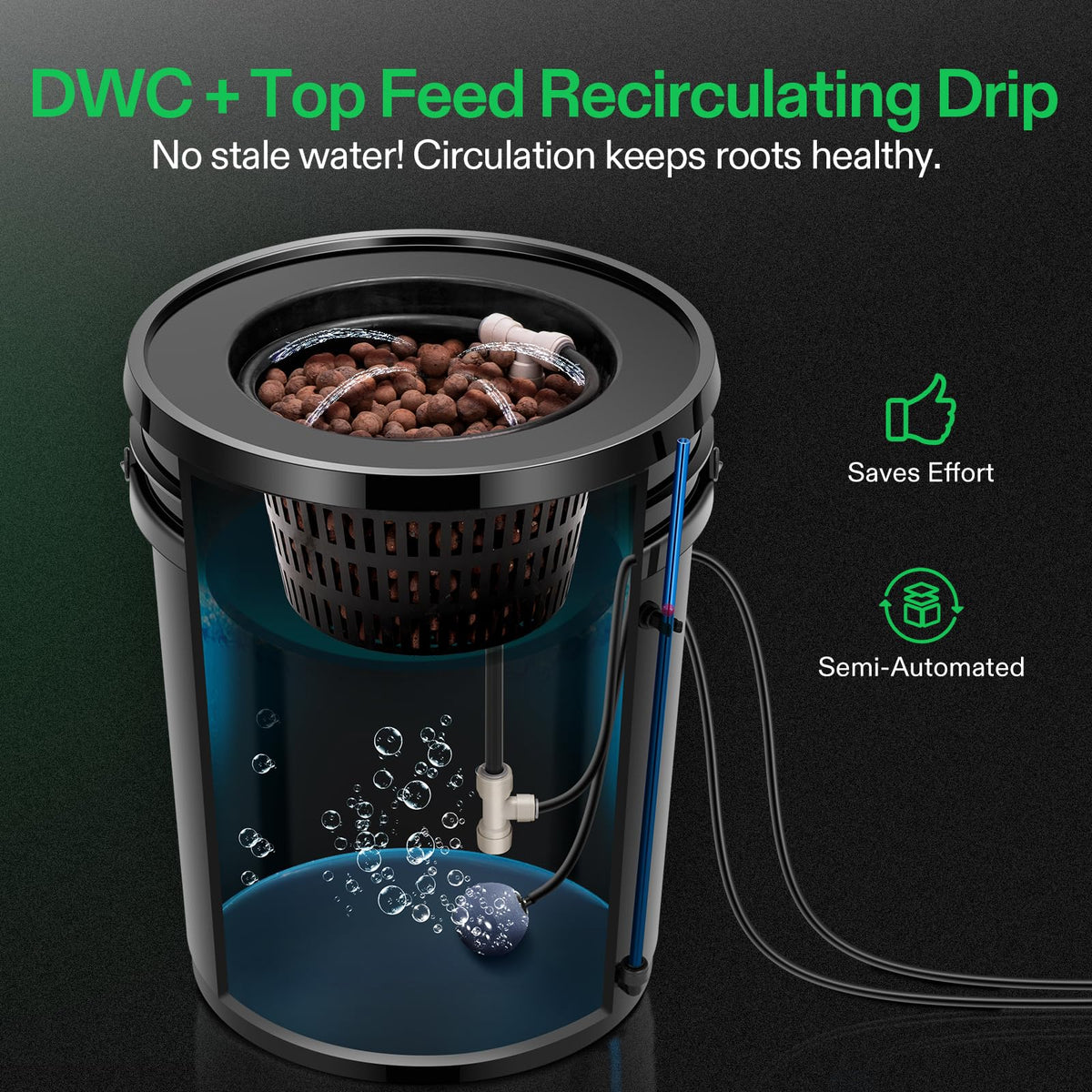 VIVOSUN DWC Hydroponics Grow System with Top Drip Kit, 5-Gallon Deep Water Culture, Recirculating Drip Garden System with Multi-Purpose Air Hose, Air Pump, and Air Stone (1 Bucket + Top Drip Kit)