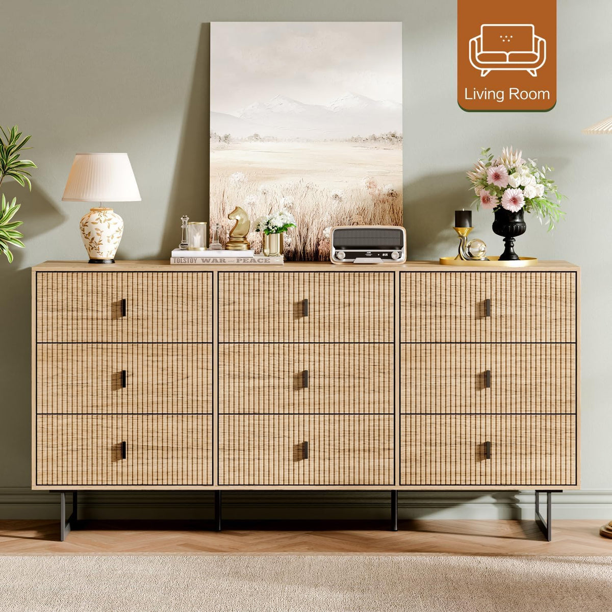 Chrangmay Modern Chest of Drawers with 9 Drawers,Deep Drawers,Clothes Organizer,Large Storage Cabinet for Living Room, Bedroom,Hallway,with Anti-Tipping Device, Oak