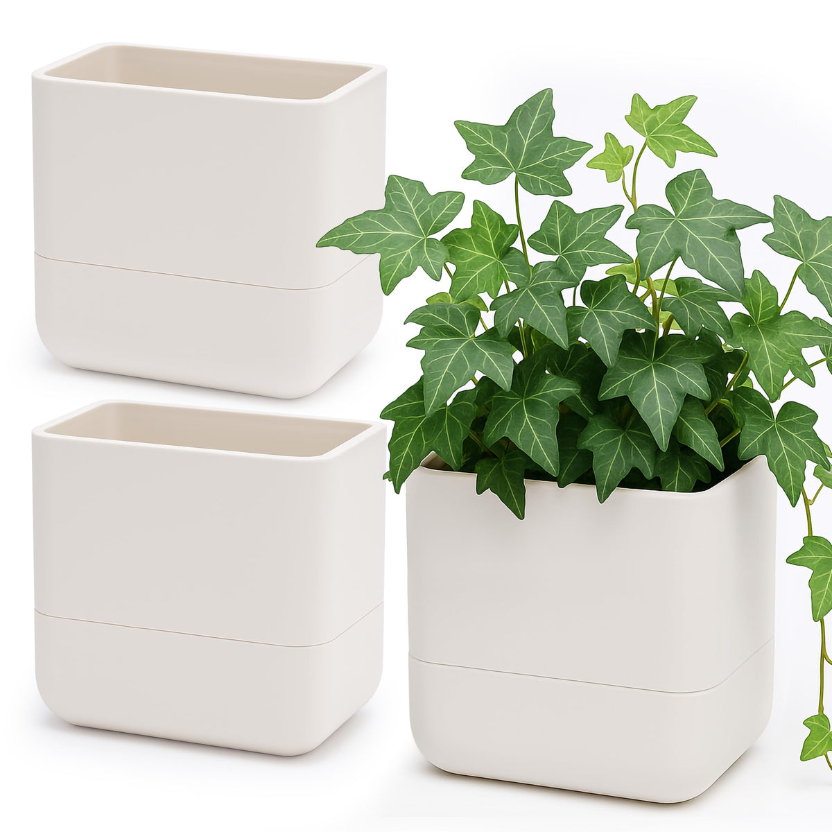 Phoenix Vine 6.5 Inch Wall Mounted Self-Watering Planter Pots for Indoor Houseplants and Herbs | Hanging Planter for Window Sills, Bathroom Walls, Home & Office Décor, Oatmeal, Set of 3, 01-C-G-3