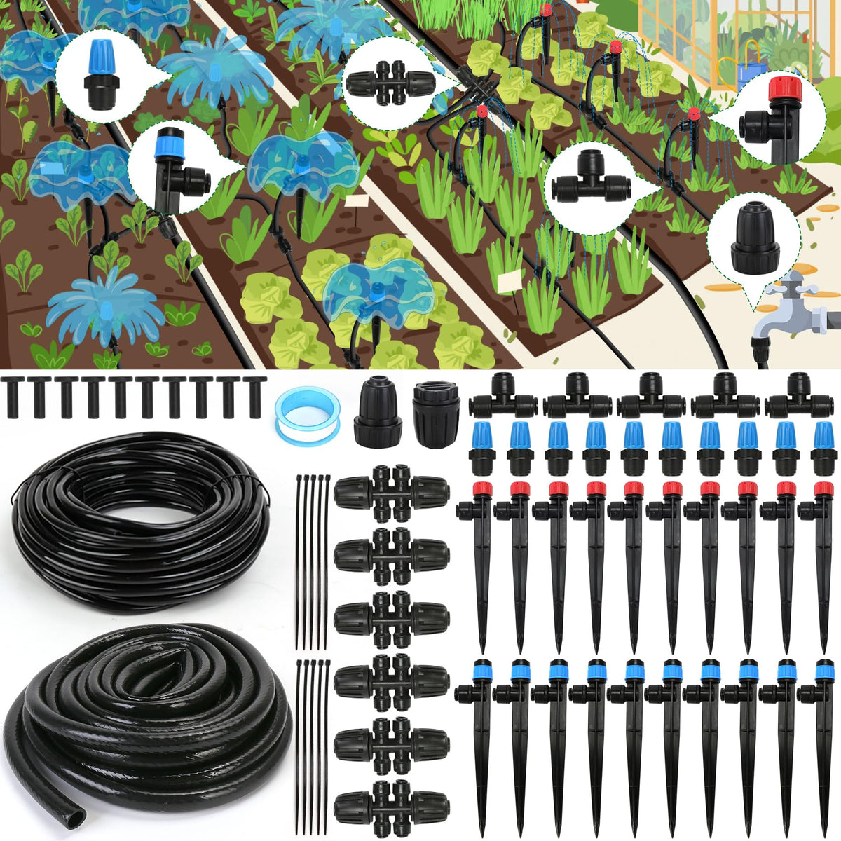 Drip Irrigation Kit, Flantor 190FT Greenhouse Drip Irrigation System Adjustable Garden Watering System with 1/2" & 1/4" Irrigation Tubing, Patio Misting Plant Watering System for Garden and Lawn