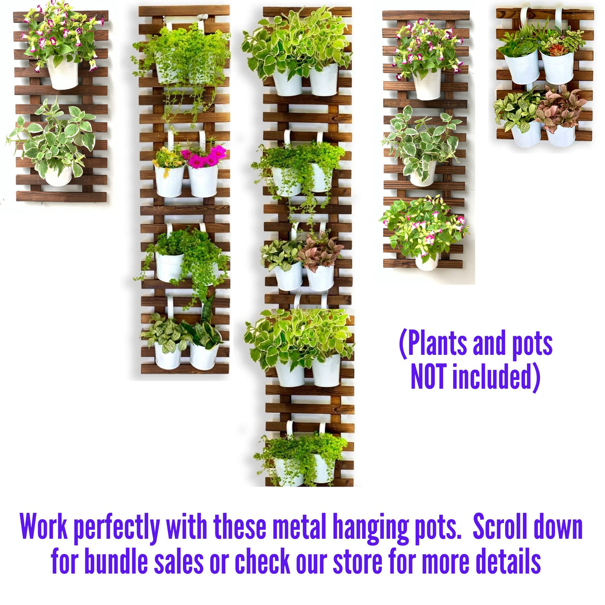 ShopLaLa Bundle- 5 Pack Set Wooden Plant Holder + 10 Pack, 4 Inch White Self Watering Plastic Pots Hydroponic Living Wall Mount Vertical Garden Systerm Rustic Farmhouse Home Shelves Ladder Stand Decor