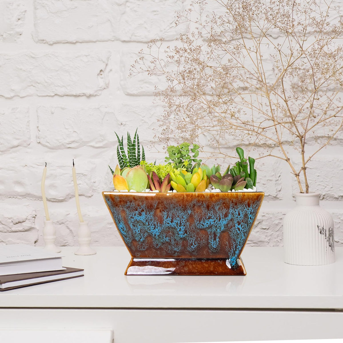 ARTKETTY Succulent Pots - 7 Inch Large Plant Pot with Drainage, Shallow Ceramic Succulent Planters for Indoor Outdoor Plants, Modern Cactus Bonsai Plant Container Decorative Home Office