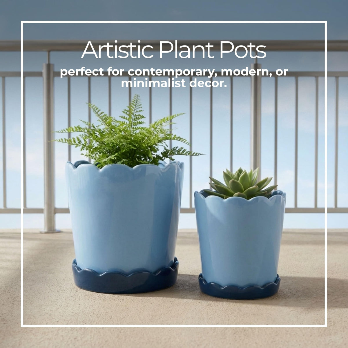 Modern Ceramic Flower Pots for Home Decor Accent - Scalloped Edge Planters and Pots for Plants with Glazed Design - Glossy Planters for Indoor and Outdoor Display - Set of 2, 8", 7", Blue