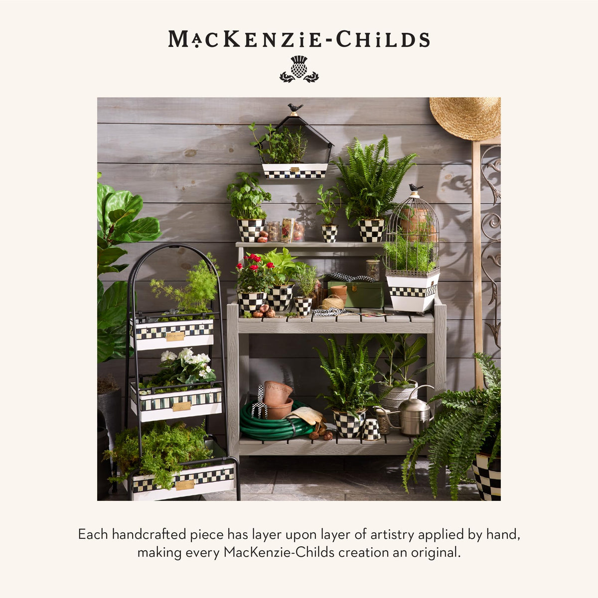 MACKENZIE-CHILDS Enamel Herb Pots, Small Plant Pots for Herbs or Flowers, Set of 3, Black-and-White Courtly Check