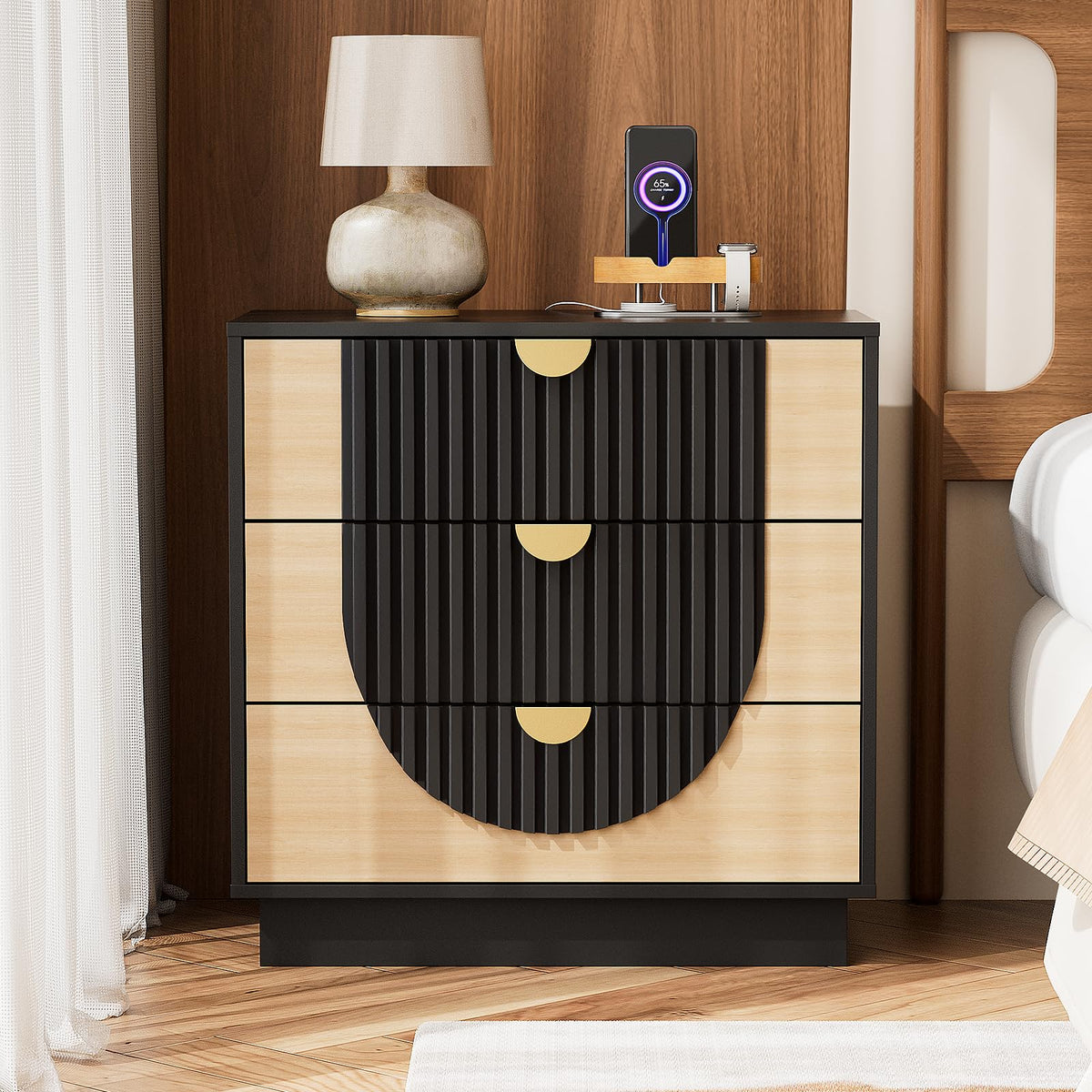 LegacyAmerhome 3 Drawer Nightstand with Charging Station,28" Fluted Night Stand & Modern Bedside Table, Wood End Table Storage Cabinet for Bedroom Hallway, Entryway,Black