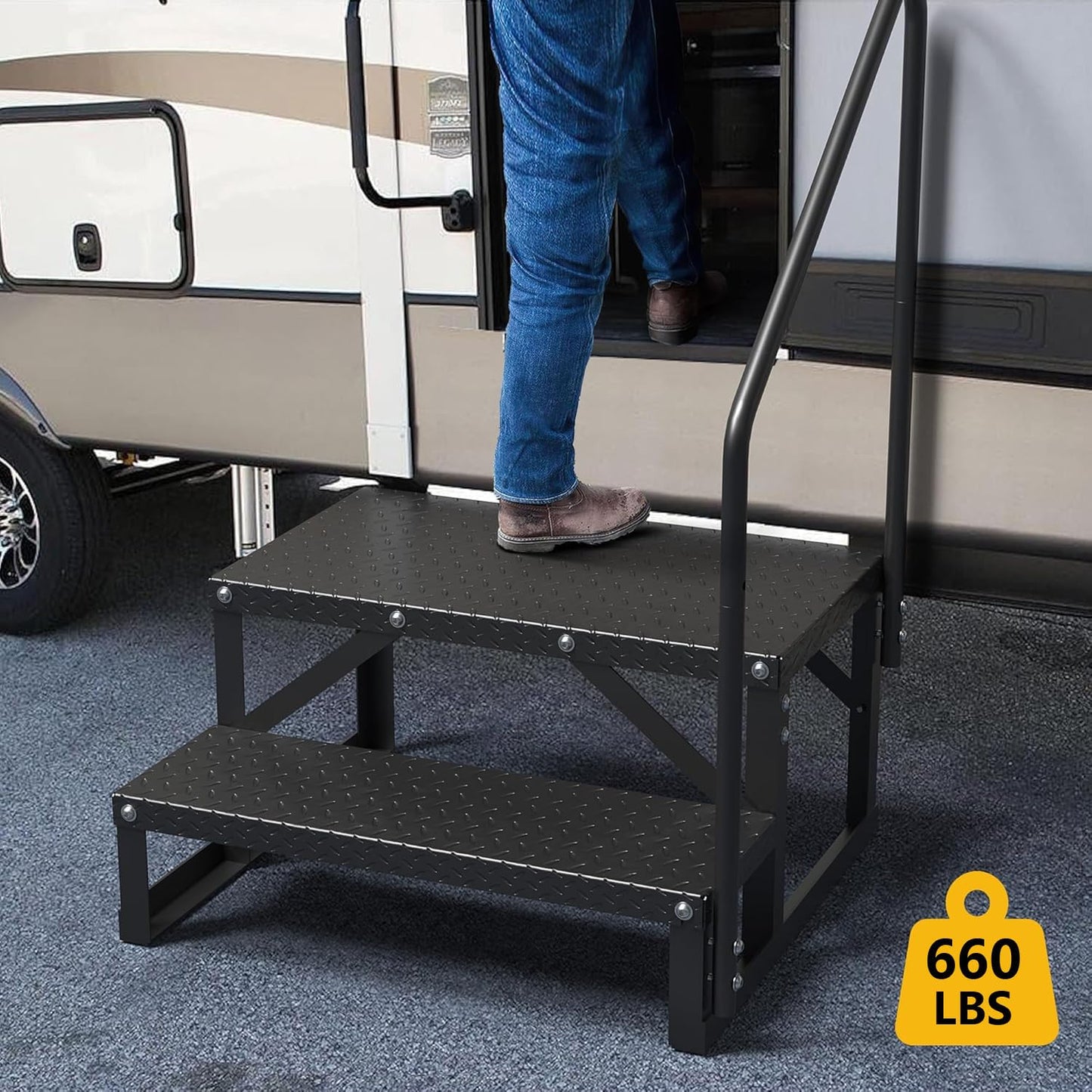 GAOMON RV Steps with Handrail 2 Step, Hot Tub Steps with Handrail, Portable Pool Ladder, 660 lbs Load Capacity RV Stairs for Camper, SPA, Pool, Mobile Home