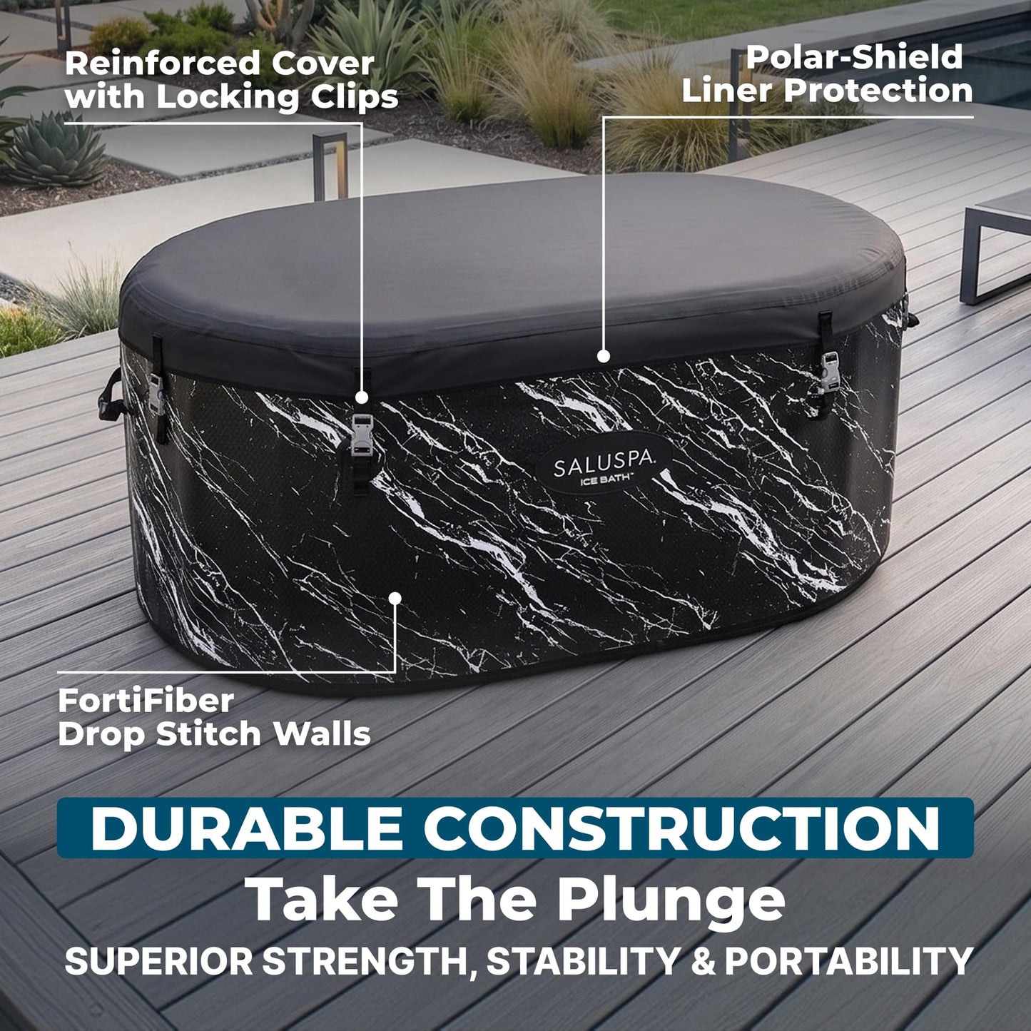 Bestway SaluSpa: Glacial Dip - Cold Plunge Inflatable Tub - 60x36x28, Black Marble, Ice Bath, FortiFiber, Polar Shield Year Round Use, Cover & Storage Bag