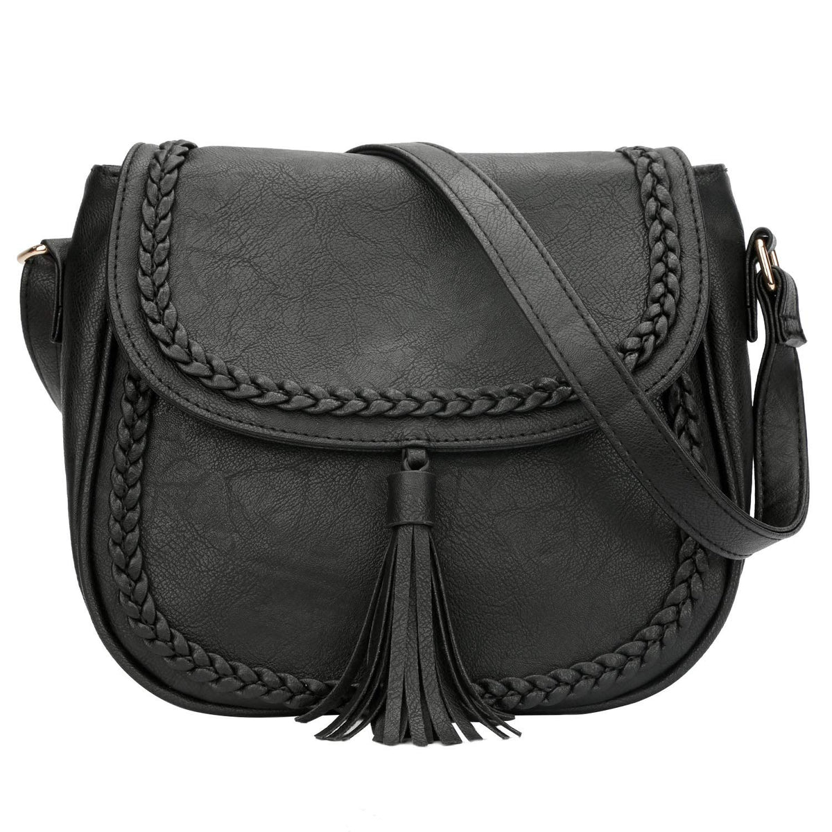 KKXIU Casual Flap Saddle Crossbody Bags for Women Small Handbags PU Leather Shoulder Bag Purse with Tassel (Z-Black)