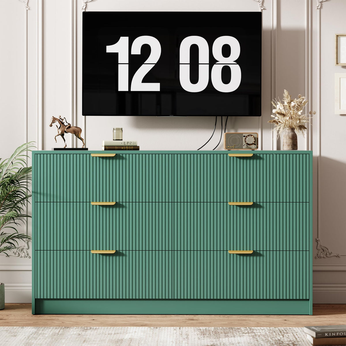 Garvee 6 Drawers Dresser for Bedroom - 54" Wide Modern Fluted Double Chest of Drawers with Golden Metal Handles, Large TV Stand Multi-Function Home Organizer for Living Room, Entryway, Hallway, Green