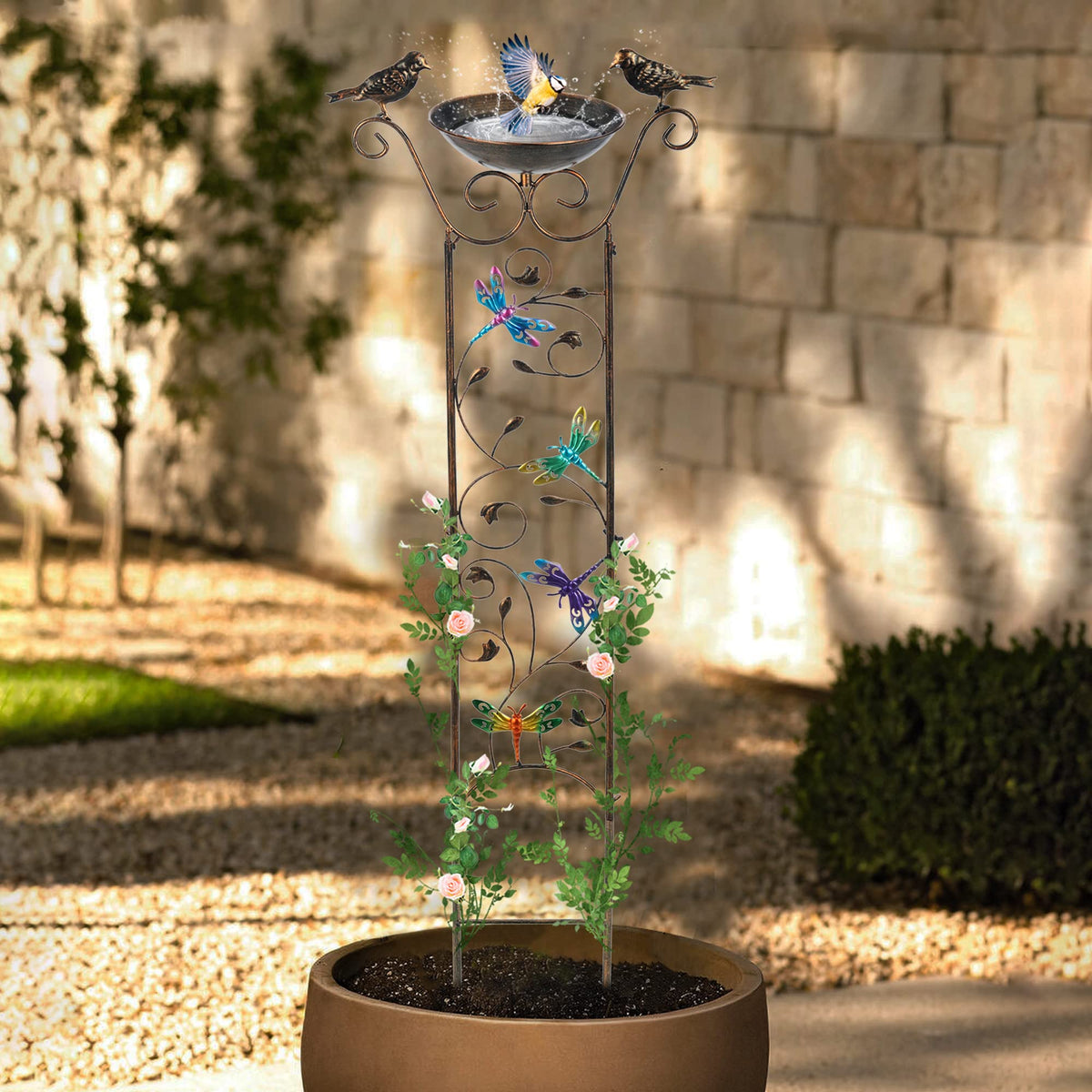 SUNNYPARK Bird Bath with Trellis Outdoor, Antique Garden Iron Plant Trellis with Decorative Dragonfly Detachable Bird Bath Bowl Metal Potted Plant Support for Climbing Flowers