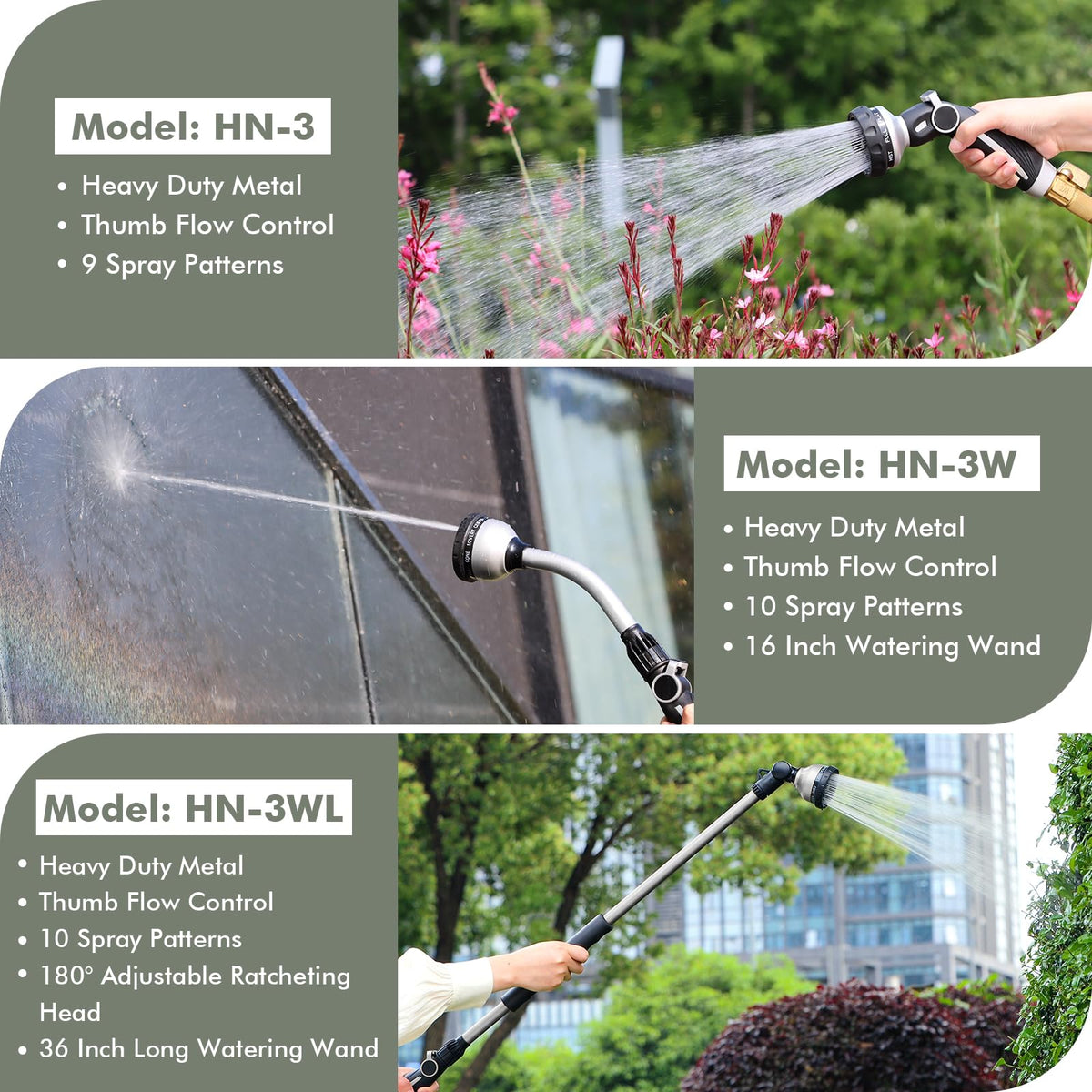 RESTMO Watering Wand Heavy Duty, Metal Garden Hose Wand with Thumb Flow Control, 15-Inch Long Hose Nozzle Sprayer with 10 Spray Patterns, Ideal to Water Hanging Baskets and Shrubs, Silver
