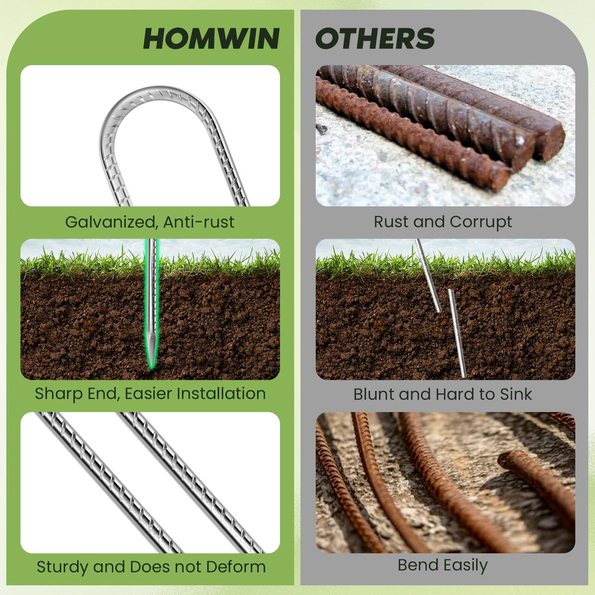 Homwin 12 inches Tent Stakes Heavy Duty 12-Pack, 5/16" Diameter J Hook Fence Stakes Rebar Ground Stake for Inflatables, Tarp, Yard Lawn Outdoor Decoration