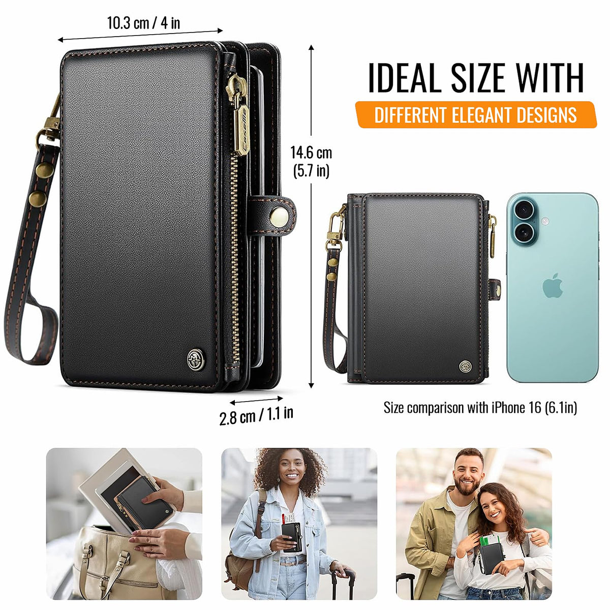 XIMAND Passport Holder Wallet Bag with AirTag Holder, 11 Card Slots and Passport Solt Cash Solt Photo Solt Zipper Pocket, RFID Blocking Wristlet Strap.Black