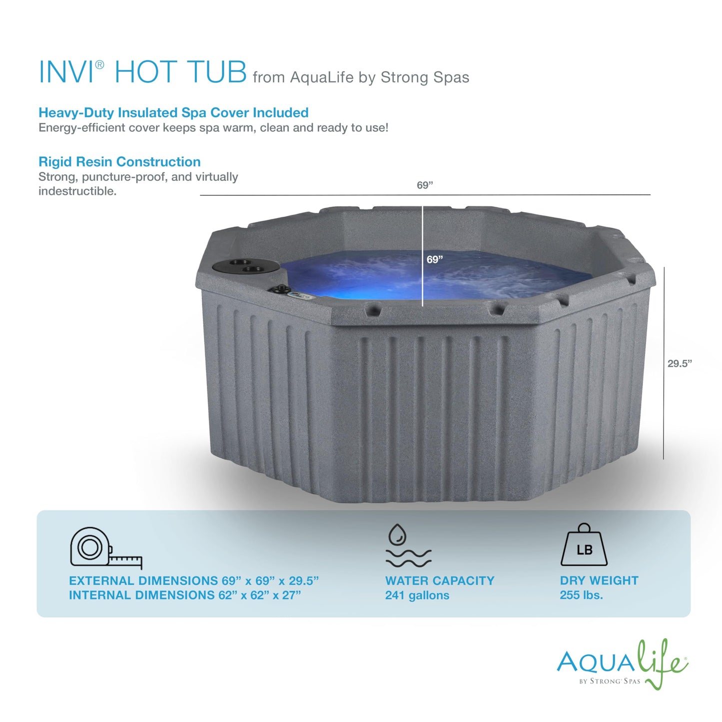 Aqualife by Strong Spas Invi 5 Person Rigid Resin Hot Tub Spa, 11 Jets, 2BHP 2-Speed Pump, Stainless Steel Heater, 120V Plug & Play, Full Foam Insulation, 4 Season Outdoor, LED, Cover and Filter