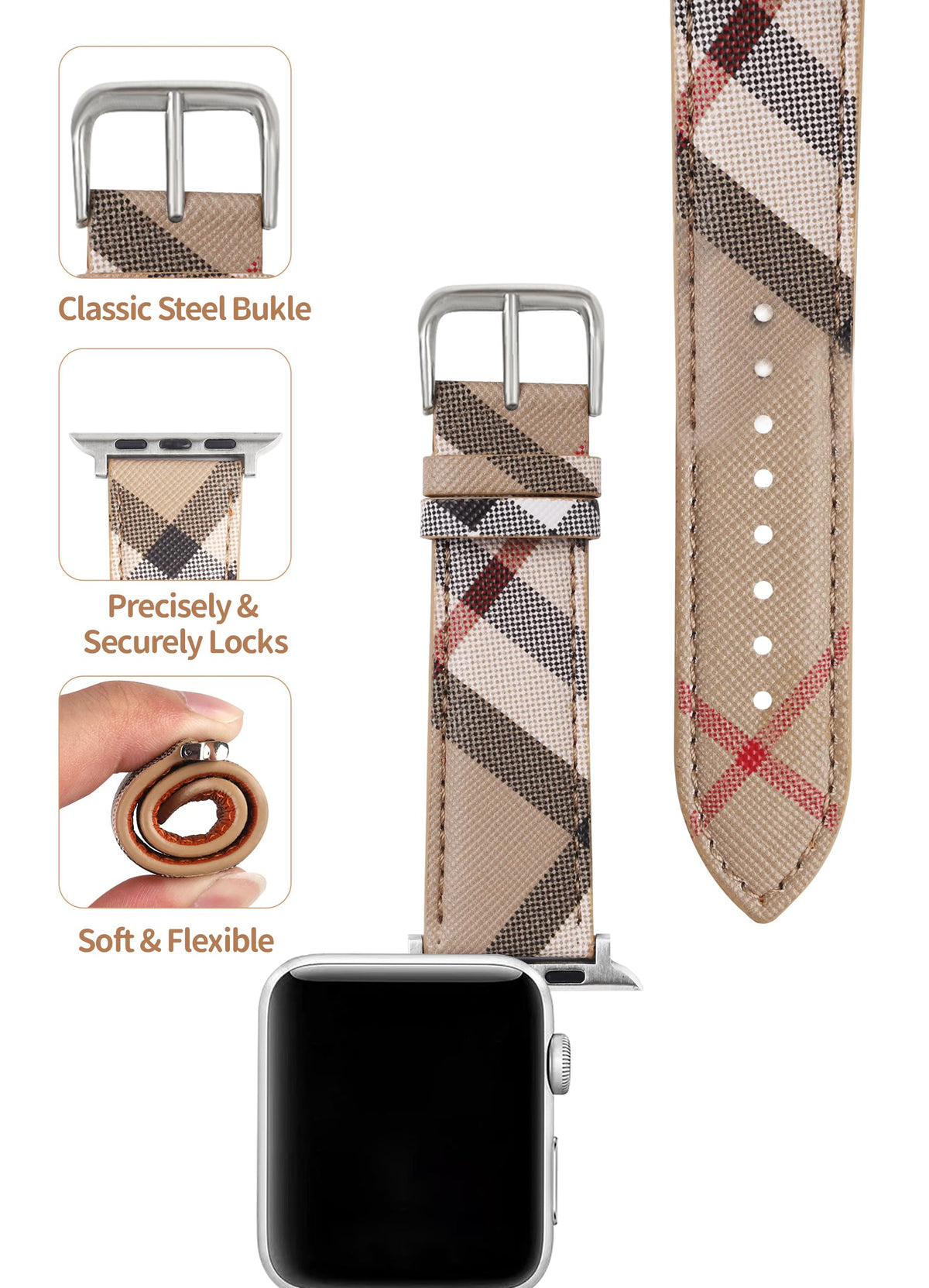 Designer Watch Band for Women Compatible with Apple Watch Bands 45mm 44mm 42mm, Luxury Leather Classic Beige Plaid Watch Band Compatible for iWatch Series 10/9/8/7/6/5/4/3/2/1/SE