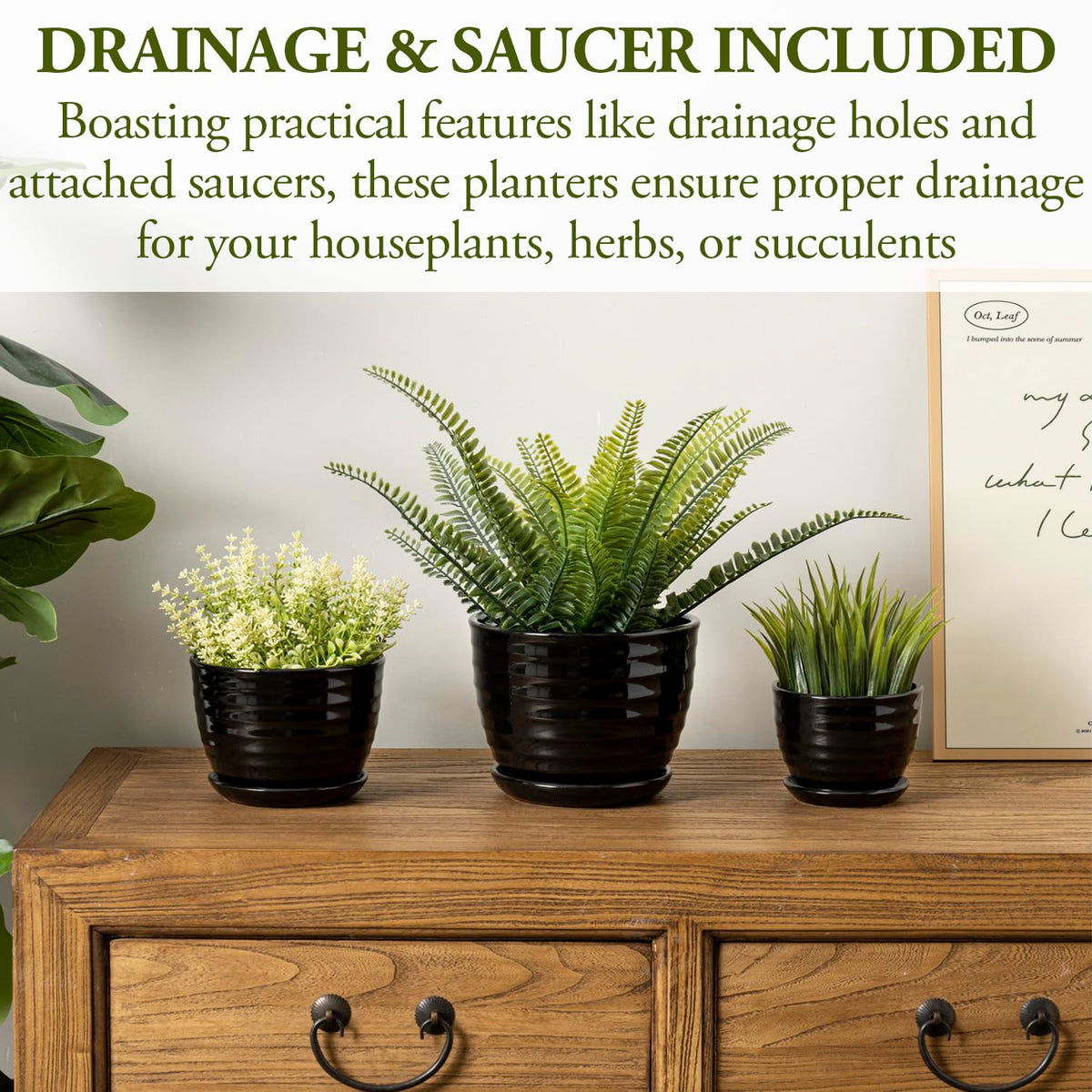 MyGift Black Ceramic Pots for Plants, 6.7+5.6+4.5 inch Flower Pots, Plant Pots Indoor with Drainage Holes and Tray, Garden Planters for Succulent and Flowers, Set of 3