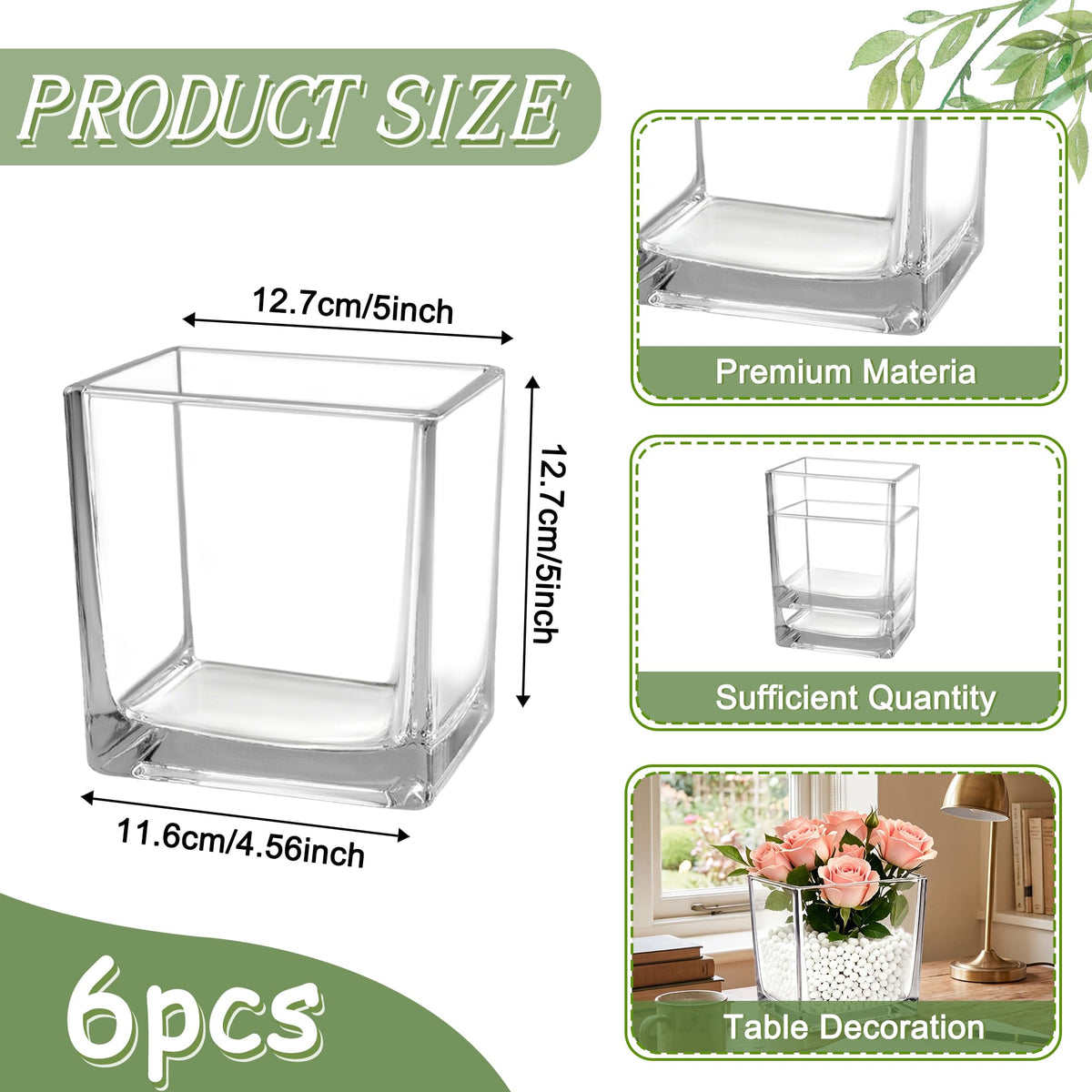 6Pcs Square Clear Glass Vases 5" x 5" x 5", Cube Vase for Centerpiece, Candle Holder Plant Terrarium for Wedding Centerpiece, Office Decorations, Home Decor, Parties