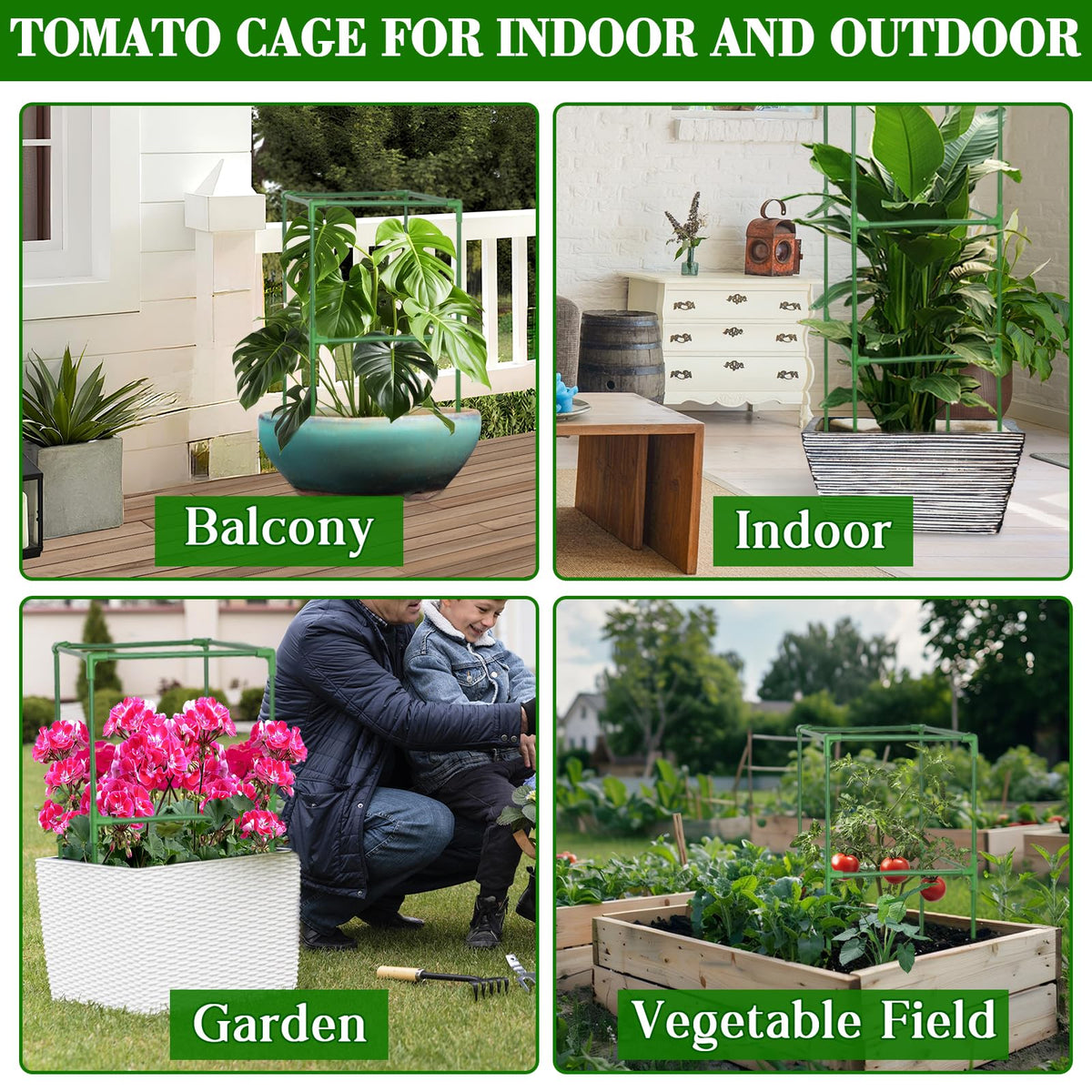 ZeeDix 4 Pack Tomato Cages for Garden 60 Inches, Heavy Duty Square Adjustable Tomato Trellis Cage Climbing Plant Support Trellis Plant Cages for Climbing Vegetables Flowers with 40Pcs Clips